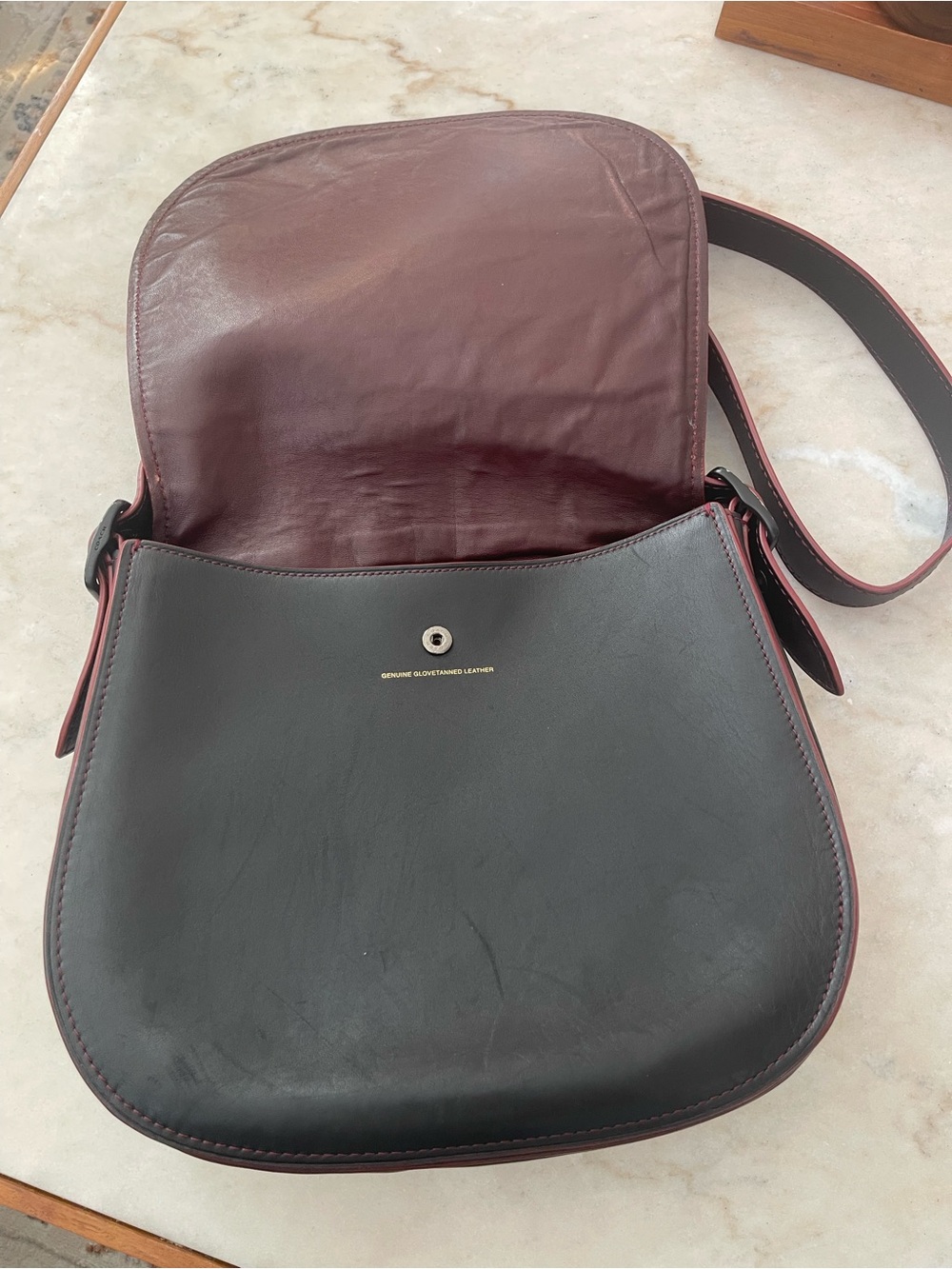 Coach Black Leather saddle Shoulder Bag with Burgundy Interior Trim